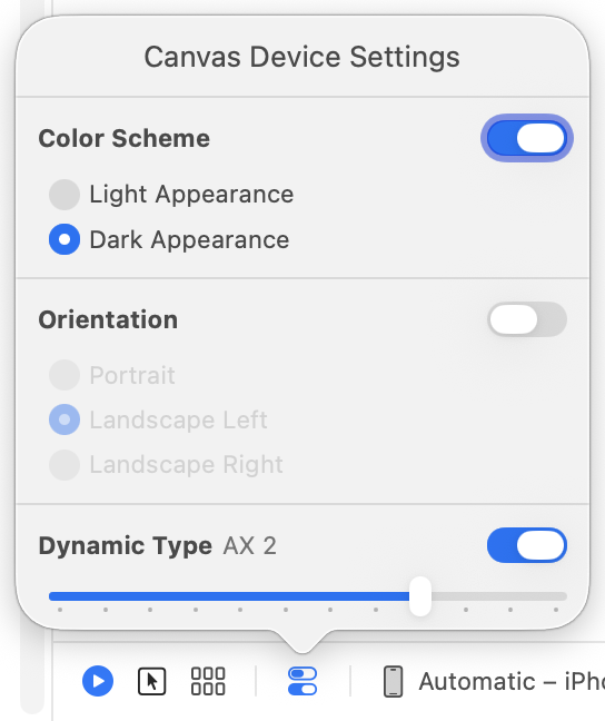 Xcode preview canvas settings with Dark Appearance and Dynamic Type size enabled